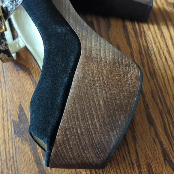 Jimmy Choo black suede platform heels snake ankle strap Office Siren EUC Sz 7.5