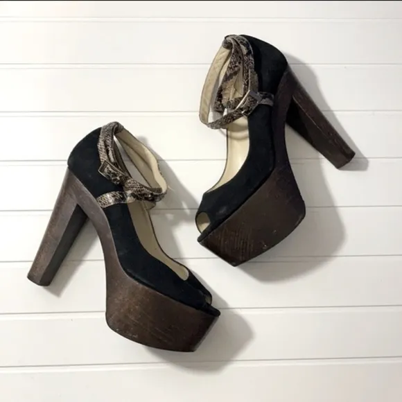 Jimmy Choo black suede platform heels snake ankle strap Office Siren EUC Sz 7.5