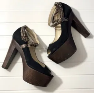 Jimmy Choo black suede platform heels snake ankle strap Office Siren EUC Sz 7.5