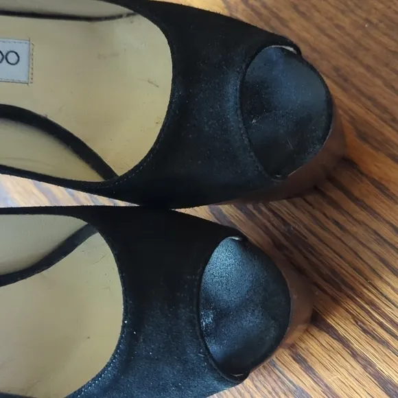 Jimmy Choo black suede platform heels snake ankle strap Office Siren EUC Sz 7.5