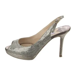 Jimmy Choo Leather Silver Glitter Accents Slingback Pumps US 7, IT 37