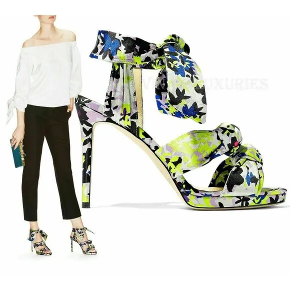 JIMMY CHOO SHOES KRIS KNOTTED FLORAL PRINT SATIN SANDALS sz IT 38.5 US 8.5