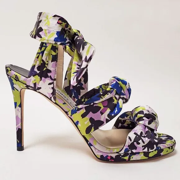 JIMMY CHOO SHOES KRIS KNOTTED FLORAL PRINT SATIN SANDALS sz IT 38.5 US 8.5