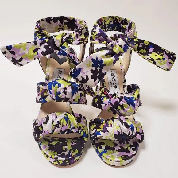 JIMMY CHOO SHOES KRIS KNOTTED FLORAL PRINT SATIN SANDALS sz IT 38.5 US 8.5