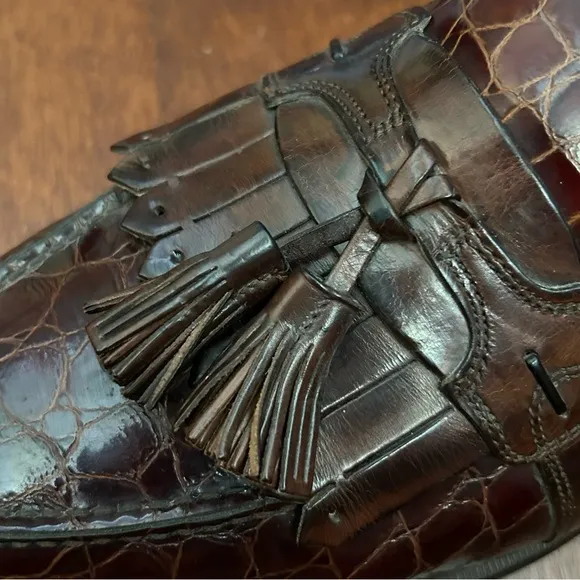 Johnston and Murphy Dapper Brown Tassel Loafers, Crocodile Embossed, Size 10.5