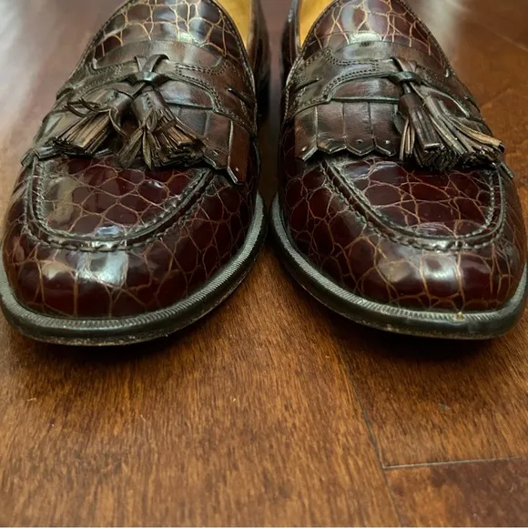 Johnston and Murphy Dapper Brown Tassel Loafers, Crocodile Embossed, Size 10.5