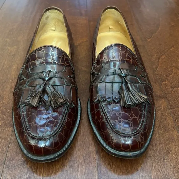 Johnston and Murphy Dapper Brown Tassel Loafers, Crocodile Embossed, Size 10.5