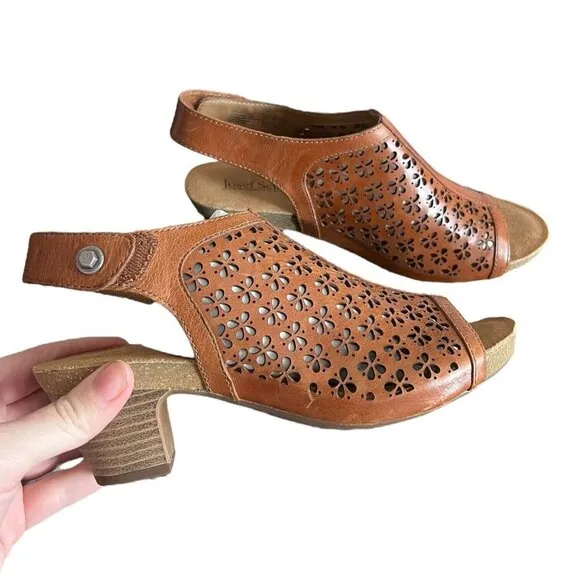 Josef Seibel Ruth 33 Mid Heel Camel Brown Leather Floral Sandal Size 37 US 6.5
