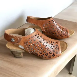 Josef Seibel Ruth 33 Mid Heel Camel Brown Leather Floral Sandal Size 37 US 6.5