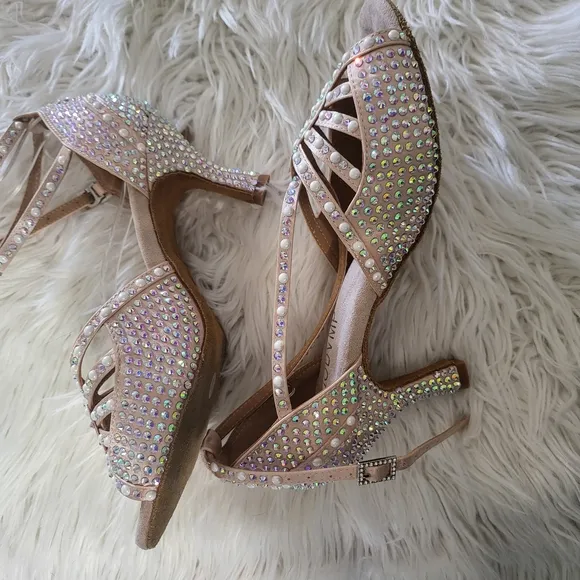 JUODVMP Women Rhinestone Ballroom Dance Shoes Latin Satin Salsa Performance
