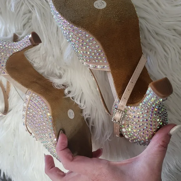 JUODVMP Women Rhinestone Ballroom Dance Shoes Latin Satin Salsa Performance