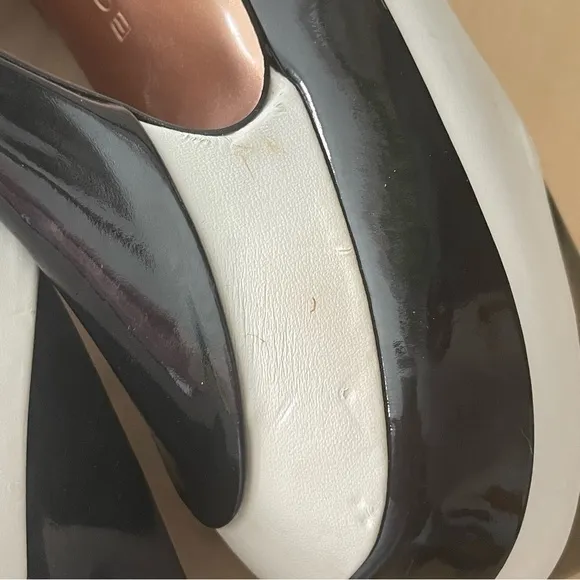 JUST IN Black White Stripe 5” Heel Shoes BCBG Platform Open Peep Toe Women 7.5
