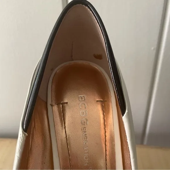 JUST IN Black White Stripe 5” Heel Shoes BCBG Platform Open Peep Toe Women 7.5