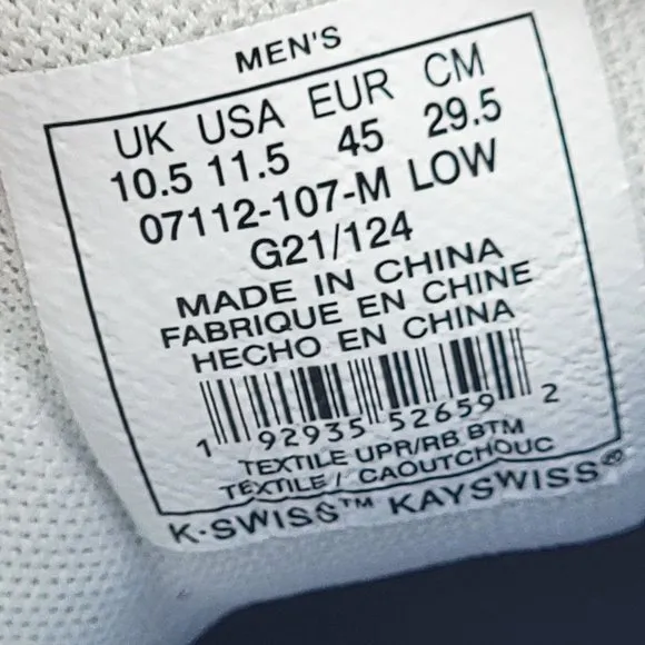 K Swiss Tubes Comfort 200 Mens Size 11.5 White Athletic Shoes Sneakers 07112-107