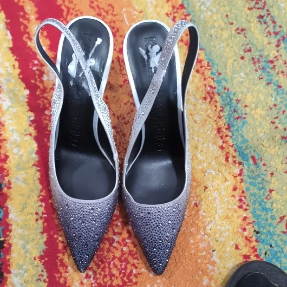Karl Lagerfeld Silver Slingback Heels with Pointed Toe and Glittery Surface