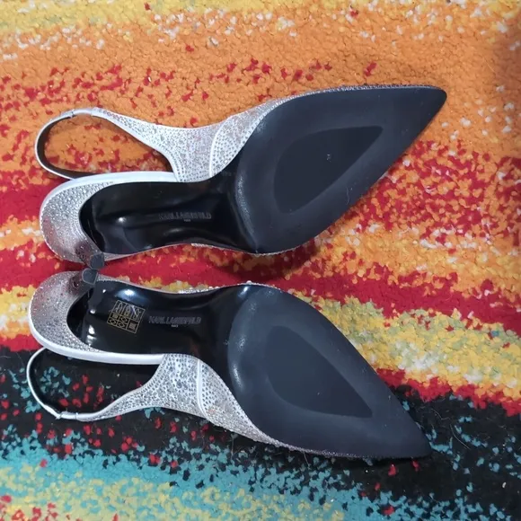 Karl Lagerfeld Silver Slingback Heels with Pointed Toe and Glittery Surface
