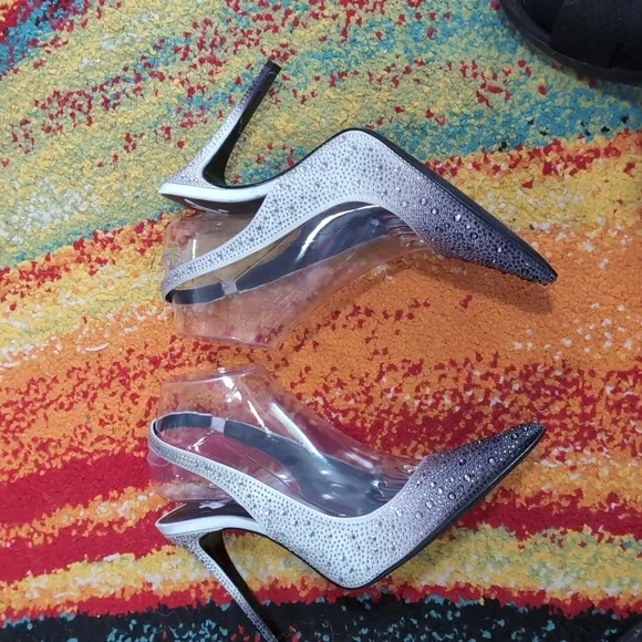 Karl Lagerfeld Silver Slingback Heels with Pointed Toe and Glittery Surface