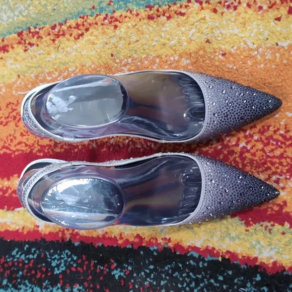 Karl Lagerfeld Silver Slingback Heels with Pointed Toe and Glittery Surface