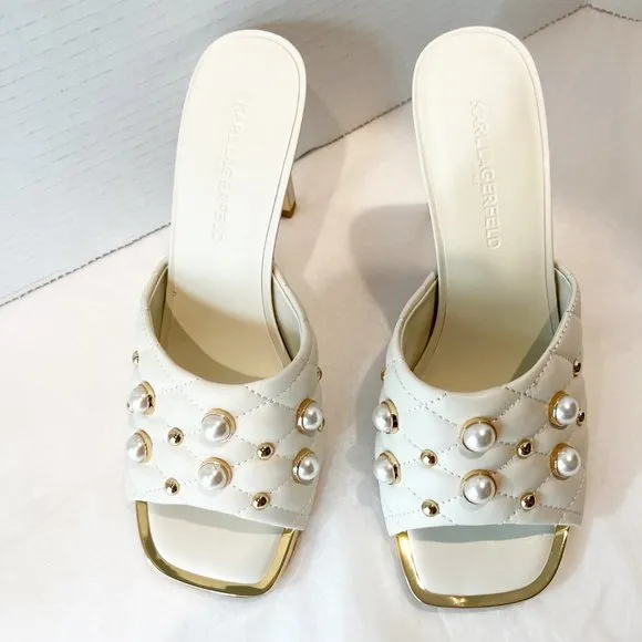 Karl Lagerfeld White Quilted Heels with Gold Accents
