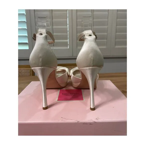 Kate Spade Bridal Bow Ankle Strap Sandals Heels Ivory Satin Size 8.5 NIB Wedding