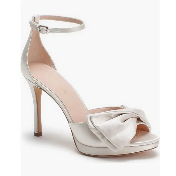 Kate Spade Bridal Bow Ankle Strap Sandals Heels Ivory Satin Size 8.5 NIB Wedding