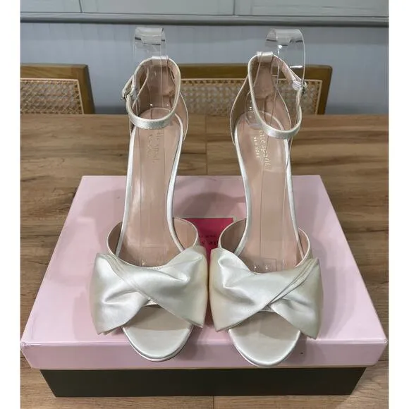 Kate Spade Bridal Bow Ankle Strap Sandals Heels Ivory Satin Size 8.5 NIB Wedding