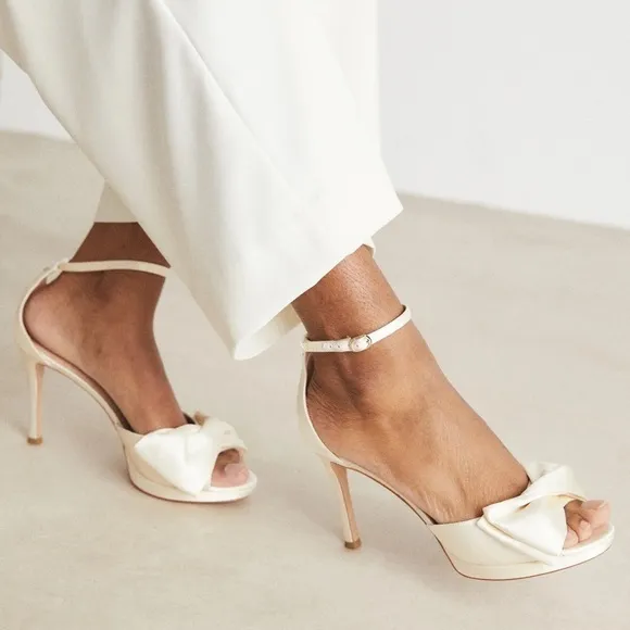 Kate Spade Bridal Bow Heeled Sandals Platform Ivory Satin Size 6