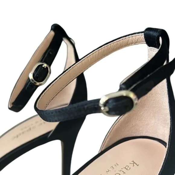 Kate Spade Bridal Bow Satin Black Ankle Wrap Stiletto Heels W/ Dust Bag Sz 7 NIB