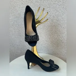 Kate Spade NY CASEY pumps shoes open toe black fabric 3” heel glitter bows Sz 6M