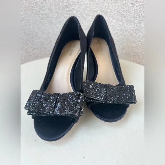 Kate Spade NY CASEY pumps shoes open toe black fabric 3” heel glitter bows Sz 6M