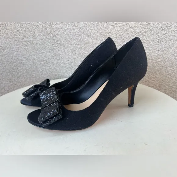 Kate Spade NY CASEY pumps shoes open toe black fabric 3” heel glitter bows Sz 6M