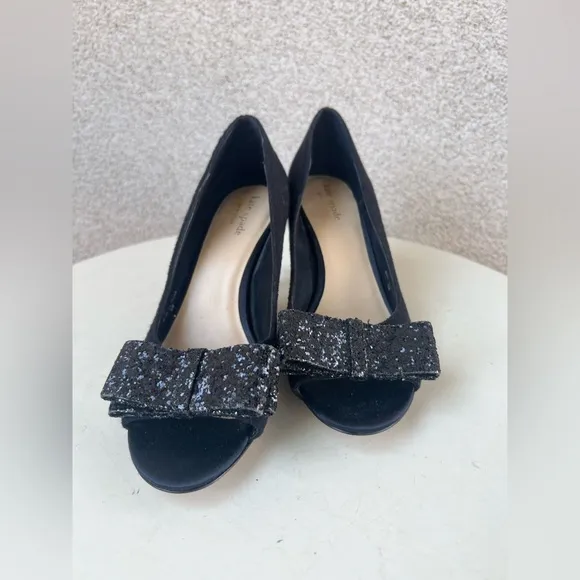 Kate Spade NY CASEY pumps shoes open toe black fabric 3” heel glitter bows Sz 6M