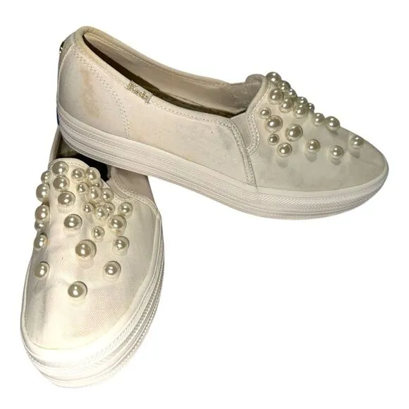 KATE SPADE x Keds Triple Decker Pearl Bridal Slip On Platform Shoes