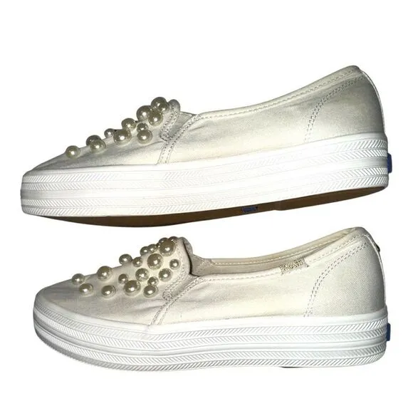 KATE SPADE x Keds Triple Decker Pearl Bridal Slip On Platform Shoes