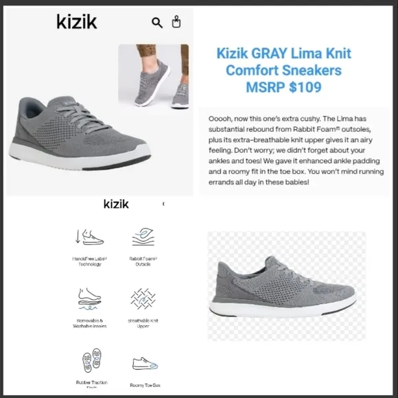 Kizik Lima Comfort Sneakers (Mens 12 Womens 13.5) Gray Hands Free Shoes