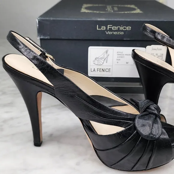 La Fenice Avery High Heel Leather Shoes Sandals Platform Black 5&quot; Heels Bow 9M