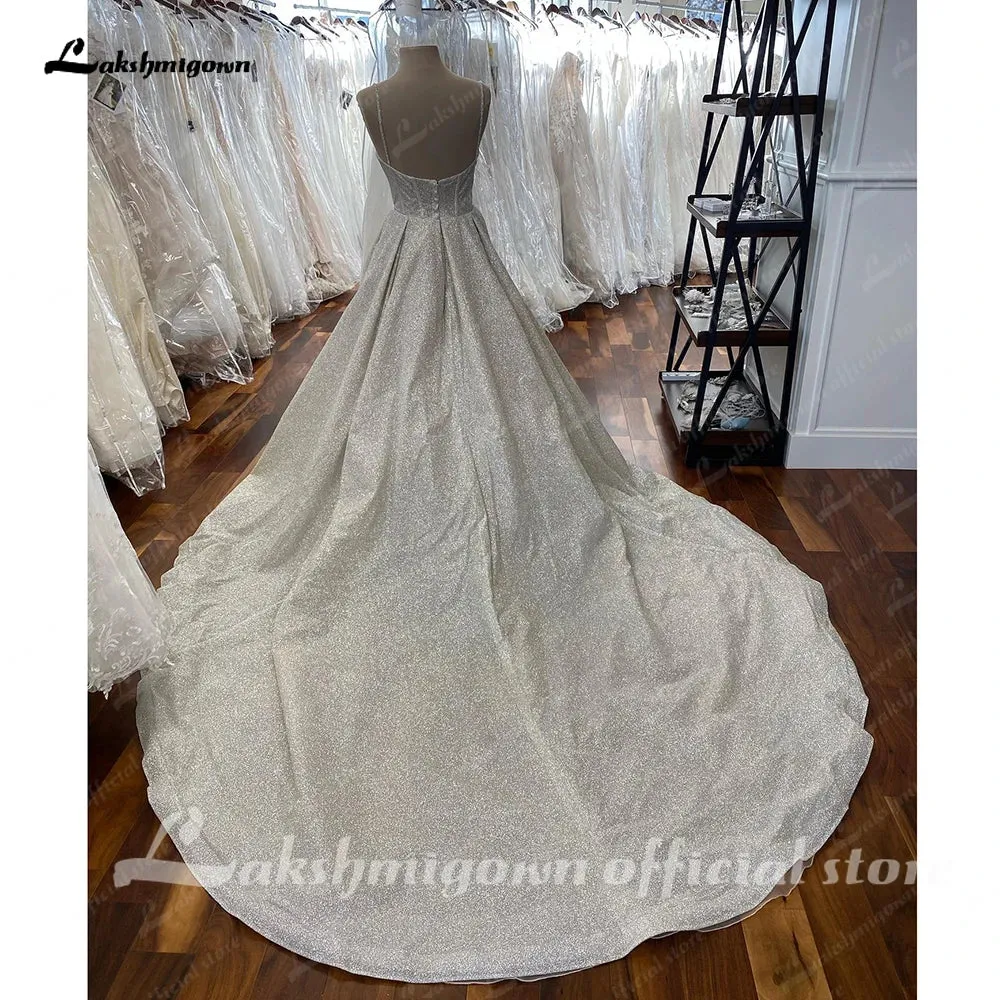 Lakshmigown Bling Bling Open Back A Line Wedding Dress Vestidos V Neck A Line Bridal Gowns Open Back