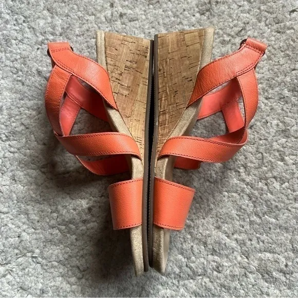 Lands' End Orange Leather Comfort Cork Wedge Sandal  10 NEW 508554