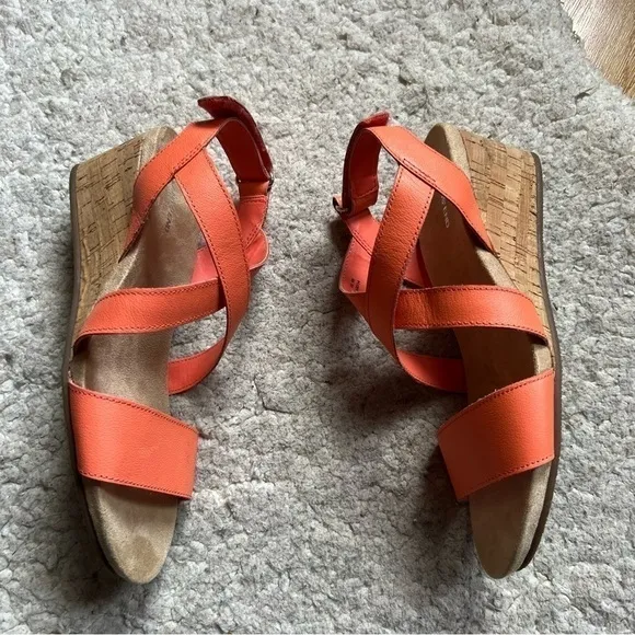 Lands' End Orange Leather Comfort Cork Wedge Sandal  10 NEW 508554