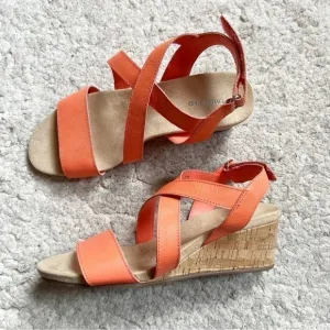 Lands' End Orange Leather Comfort Cork Wedge Sandal  10 NEW 508554