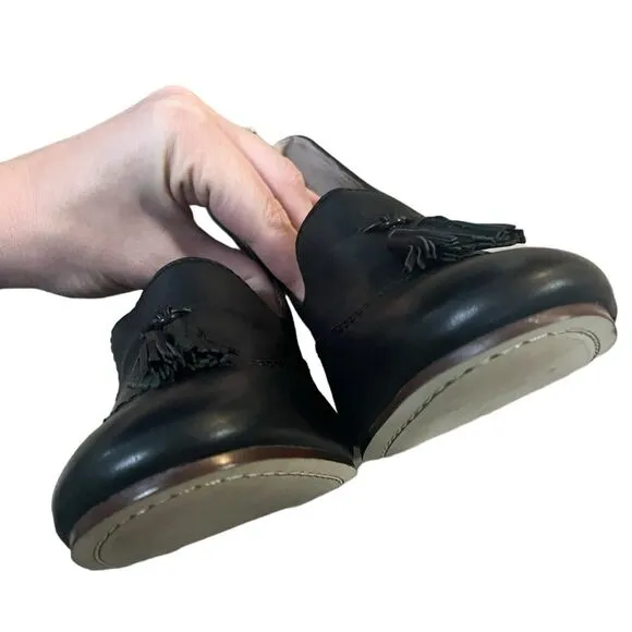 Lands End Stowe High Heel Tassle Shoes Black Leather Pumps Block Heel Womens 9.5