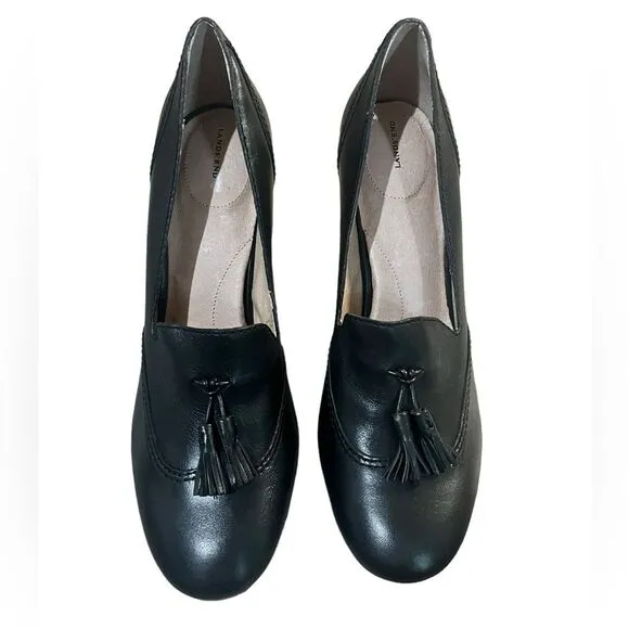 Lands End Stowe High Heel Tassle Shoes Black Leather Pumps Block Heel Womens 9.5