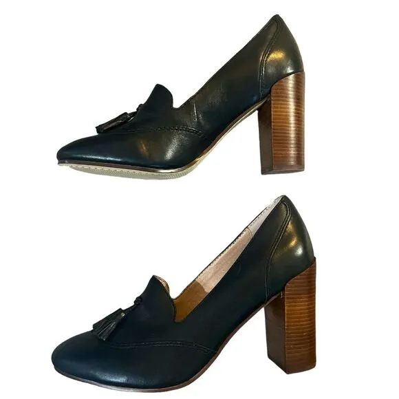 Lands End Stowe High Heel Tassle Shoes Black Leather Pumps Block Heel Womens 9.5