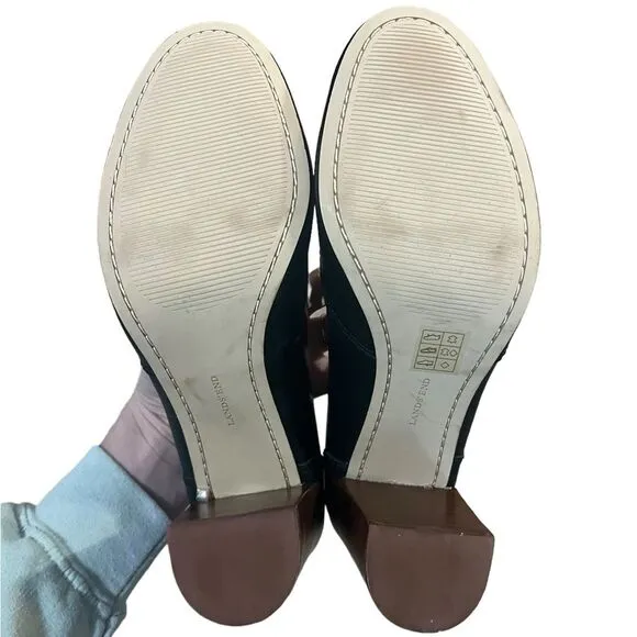 Lands End Stowe High Heel Tassle Shoes Black Leather Pumps Block Heel Womens 9.5