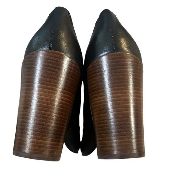 Lands End Stowe High Heel Tassle Shoes Black Leather Pumps Block Heel Womens 9.5