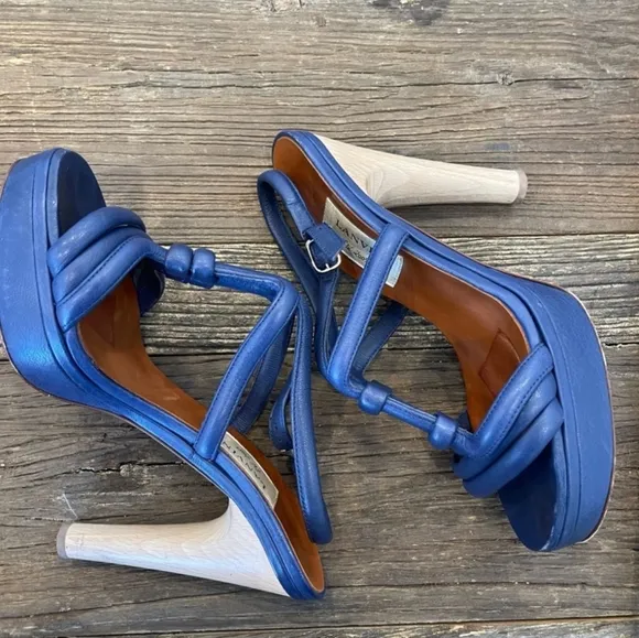 Lanvin Blue and Tan High Heel Platform Sandals