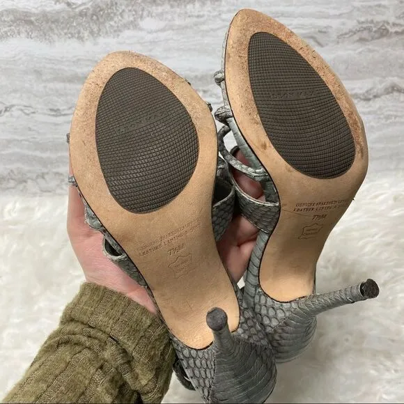 Leon Max Pastoral Snakeskin Leather Stiletto High Heel Sandals Light Gray 7.5