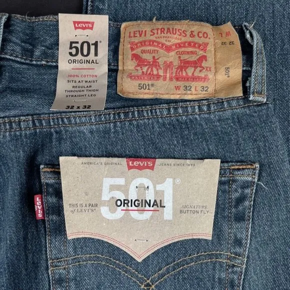 Levi's 501 Original Button Fly Navy Blue Denim Jeans Men's Sizes 32x32 - 38x32