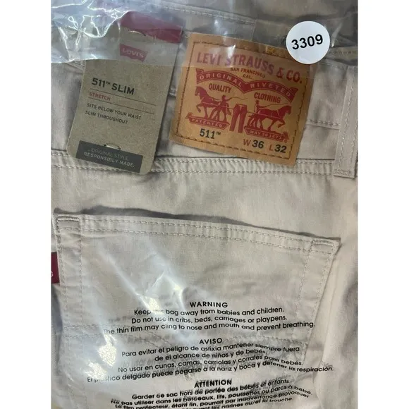 LEVI'S 511 Slim Stretch Men's Ivory White Pants Size 36 (36x31.5 Actual) NWT