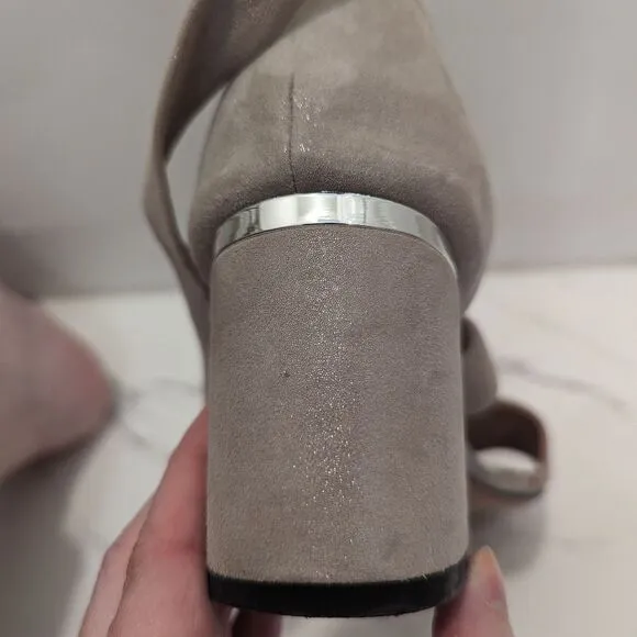 Lewit Beige Gold Silver Shimmer Glimmer Chunky Heel Ankle Bow 38 Made in Italy
